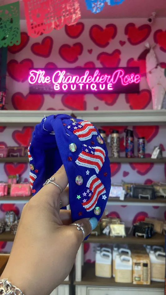 YKT Rings USA FLAG BEADED TOP KNOT HEADBAND BLUE