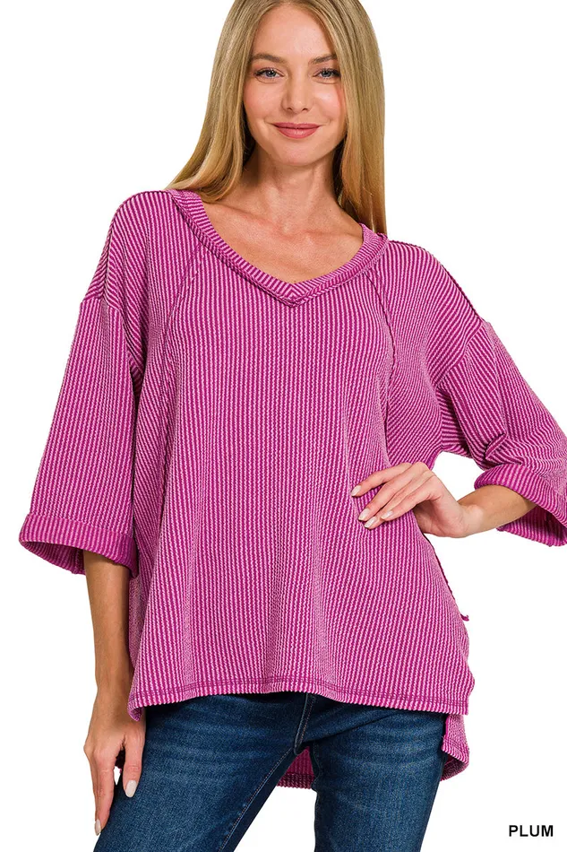 ZENANA Earrings CORDED RIB 34 SLEEVE HILOW V NECK TOP PLUM