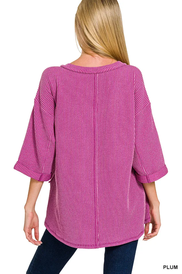 ZENANA Earrings CORDED RIB 34 SLEEVE HILOW V NECK TOP PLUM