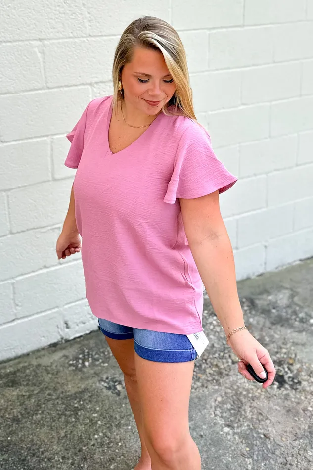 Zenana Earrings In Your Dreams Flutter Sleeve Top Light Rose
