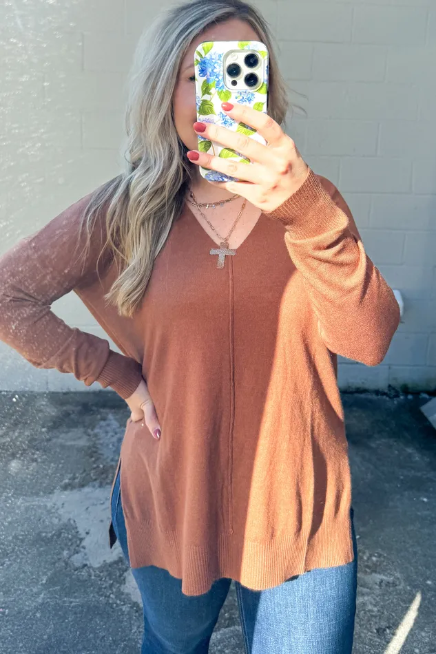 Zenana Rings Feels Like A Hug Sweater Heather Deep Camel